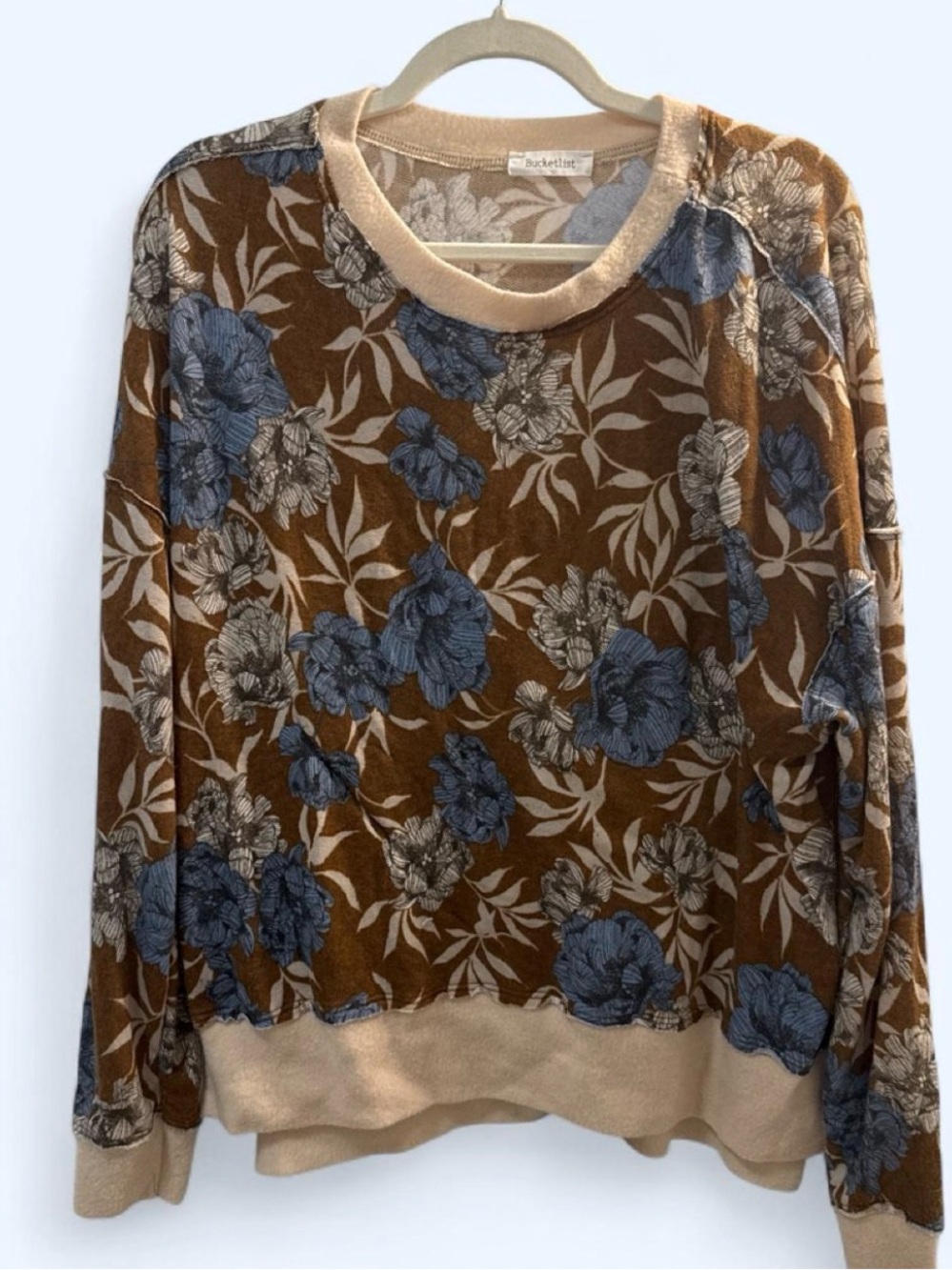 BUCKETLIST Brown Floral Sweatshirt with Blue and Cream Accents